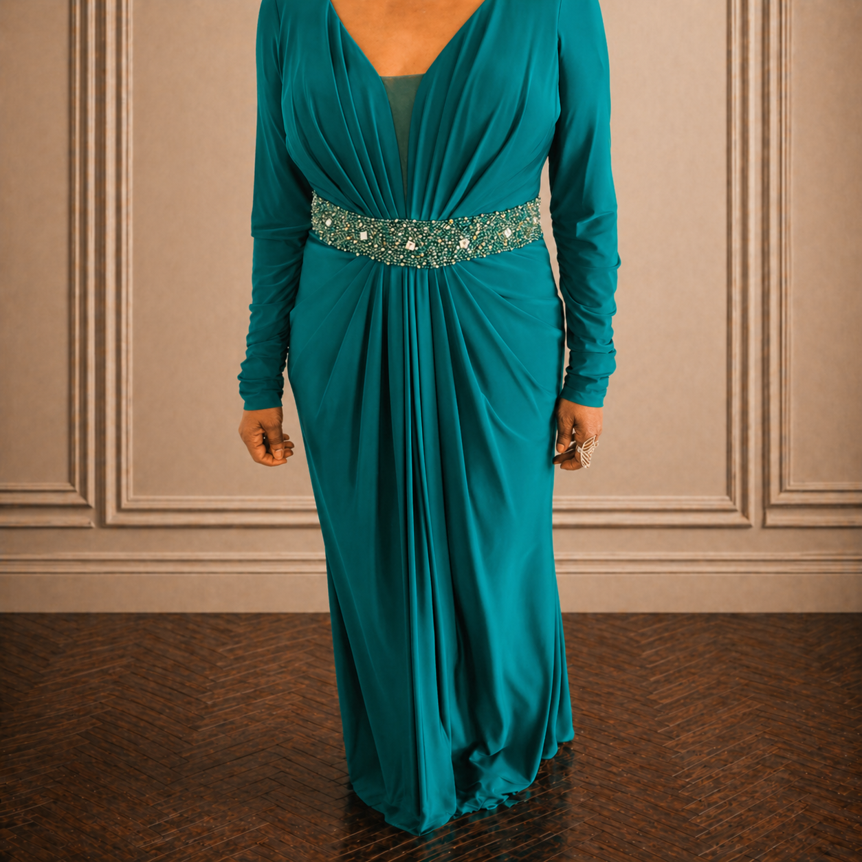 Long Sleeve Fitted Evening Dress Green