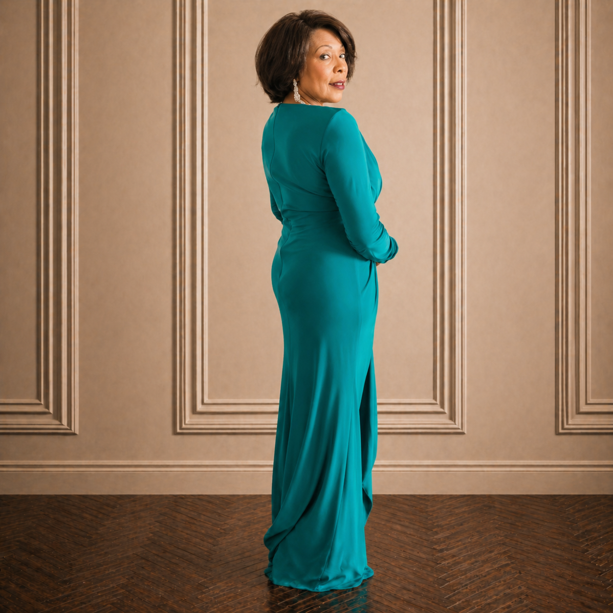 Long Sleeve Fitted Evening Dress Green - Image 2