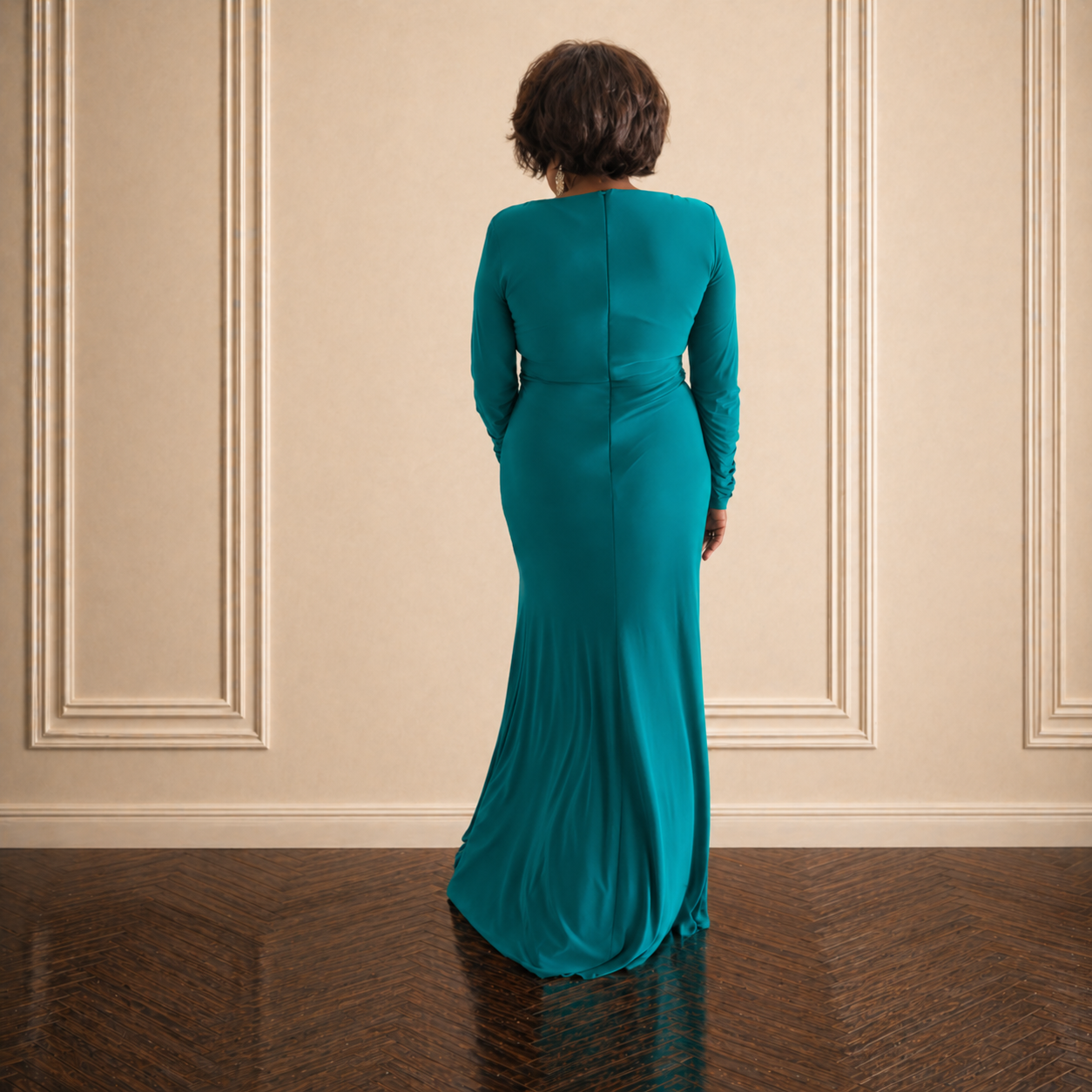 Long Sleeve Fitted Evening Dress Green - Image 3
