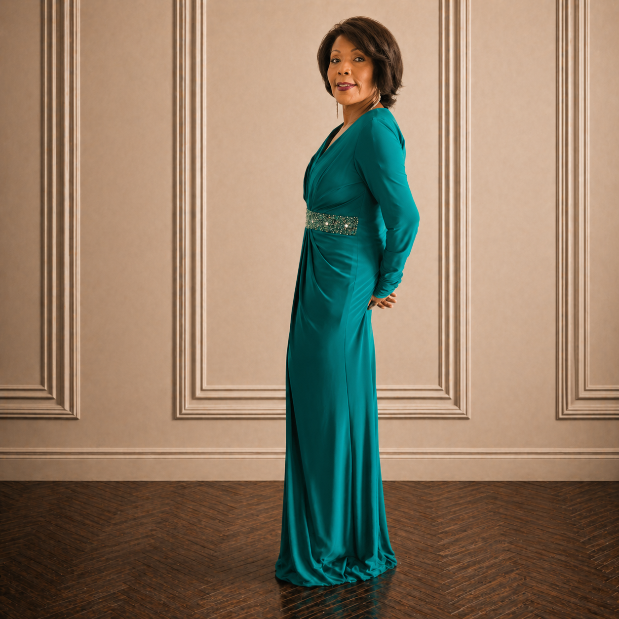 Long Sleeve Fitted Evening Dress Green - Image 4