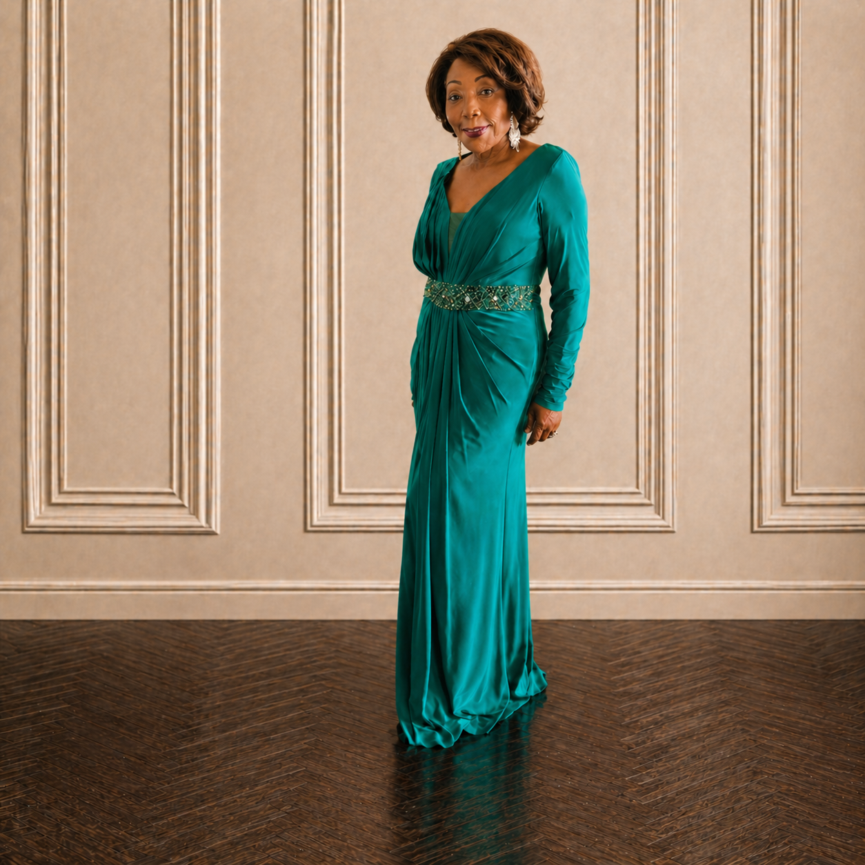 Long Sleeve Fitted Evening Dress Green - Image 5