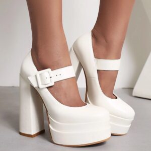 New White Double Platform Mary Jane Pumps, Chunky Block High Heel Club Y2K Shoes
