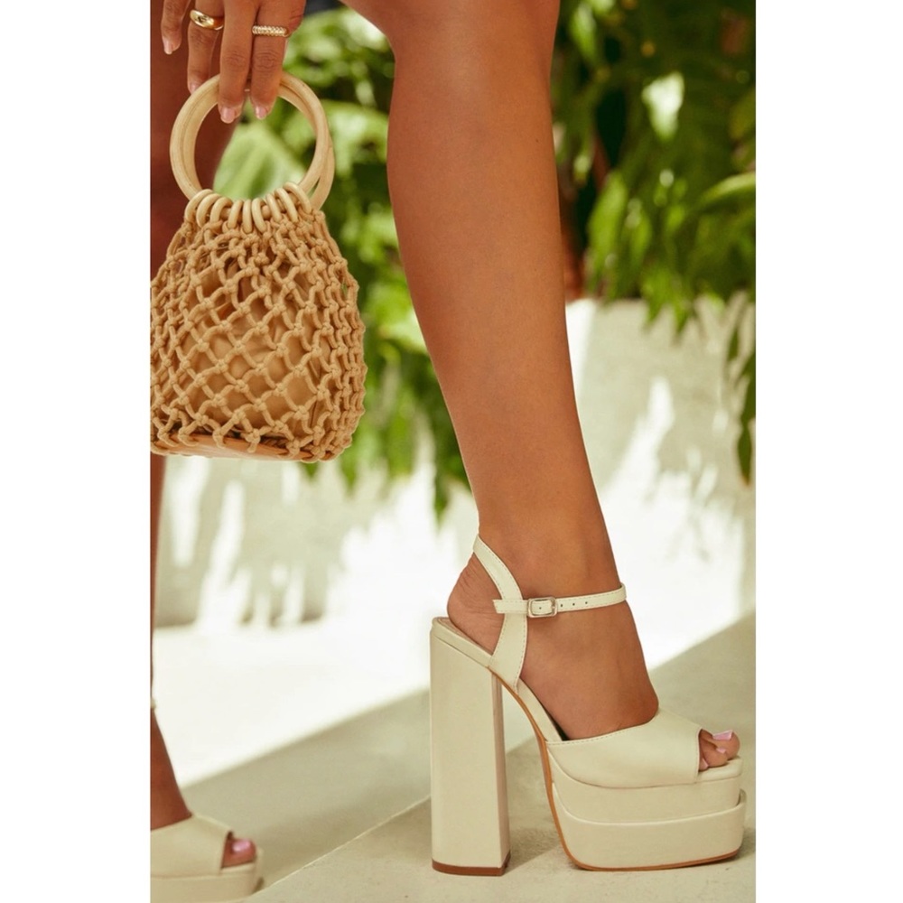 Off White Double Platform Block High Heels Sandal | Ankle Strap Chunky Heel - Image 3