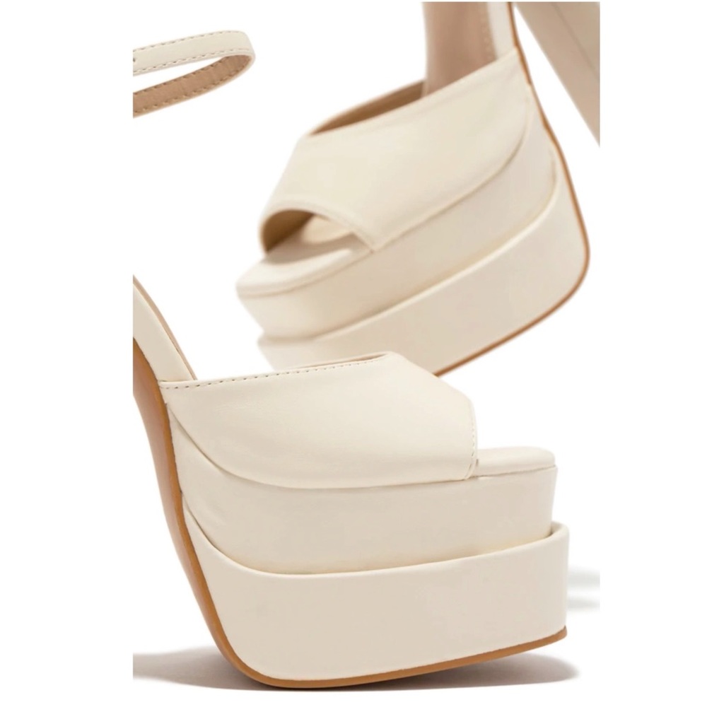 Off White Double Platform Block High Heels Sandal | Ankle Strap Chunky Heel - Image 4