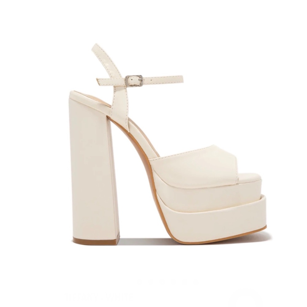 Off White Double Platform Block High Heels Sandal | Ankle Strap Chunky Heel - Image 5