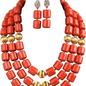 5 Rows Gold Tone Coral Necklace Bracelet Earrings,Nigerian Wedding Coral Beads Jewelry Set