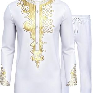 African Suits for Men Dashiki Metallic Suit Printed Shirt and Pants Outfit Traditional 2 Piece Set
