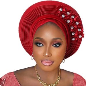 Pre-Tied Nigerian Auto Gele Head Tie African ASO Oke Headwrap Handmade Turban Hat Cap for Women Wedding Party