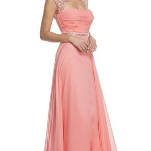 Aspeed Design L1610 Beaded Ruched A-Line Evening Dress | Illusion Bateau Gown