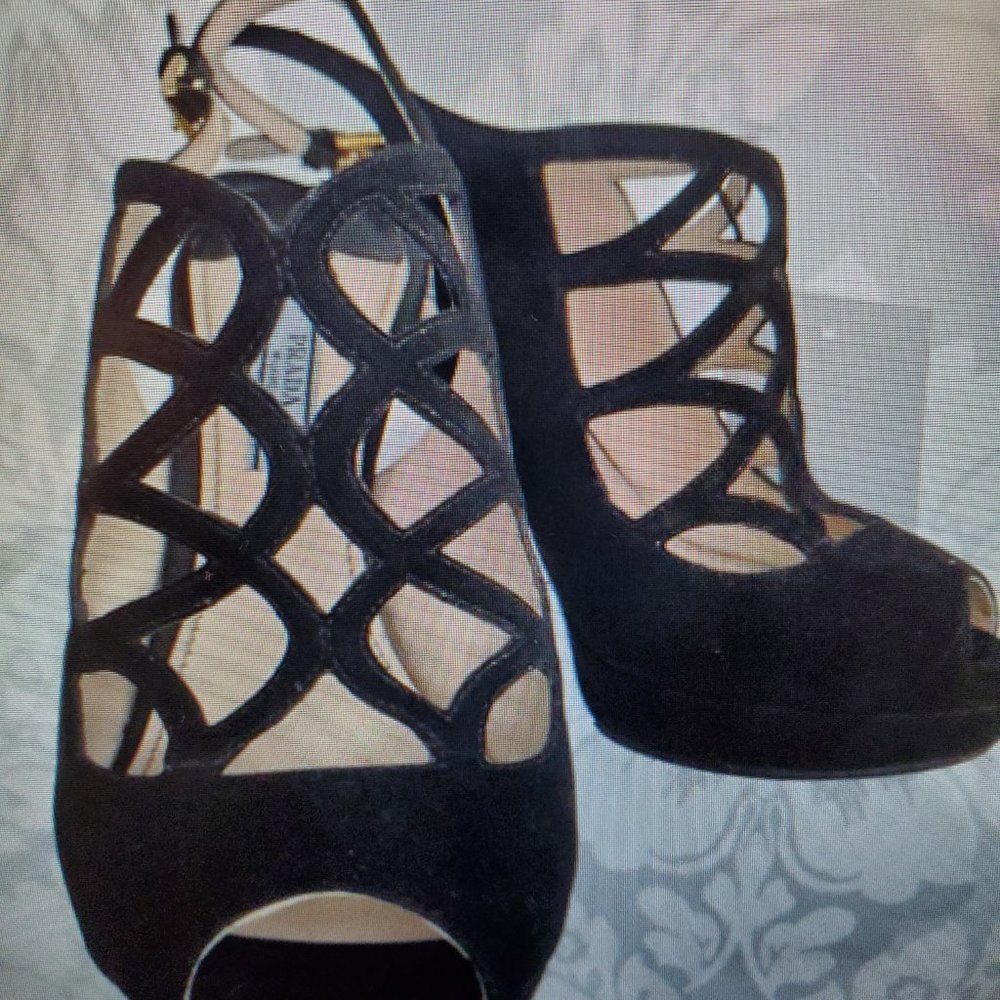 Prada Black Suede Peep-Toe Platform Heels | Ankle Strap Sandals - Image 4