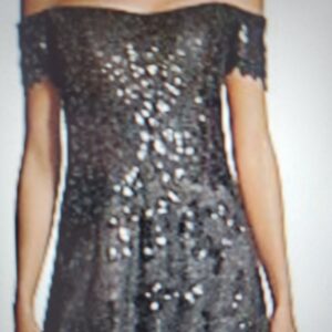 Rene Ruiz Black Off-The-Shoulder Sequin Tulle Gown | Short Sleeve Formal Dress