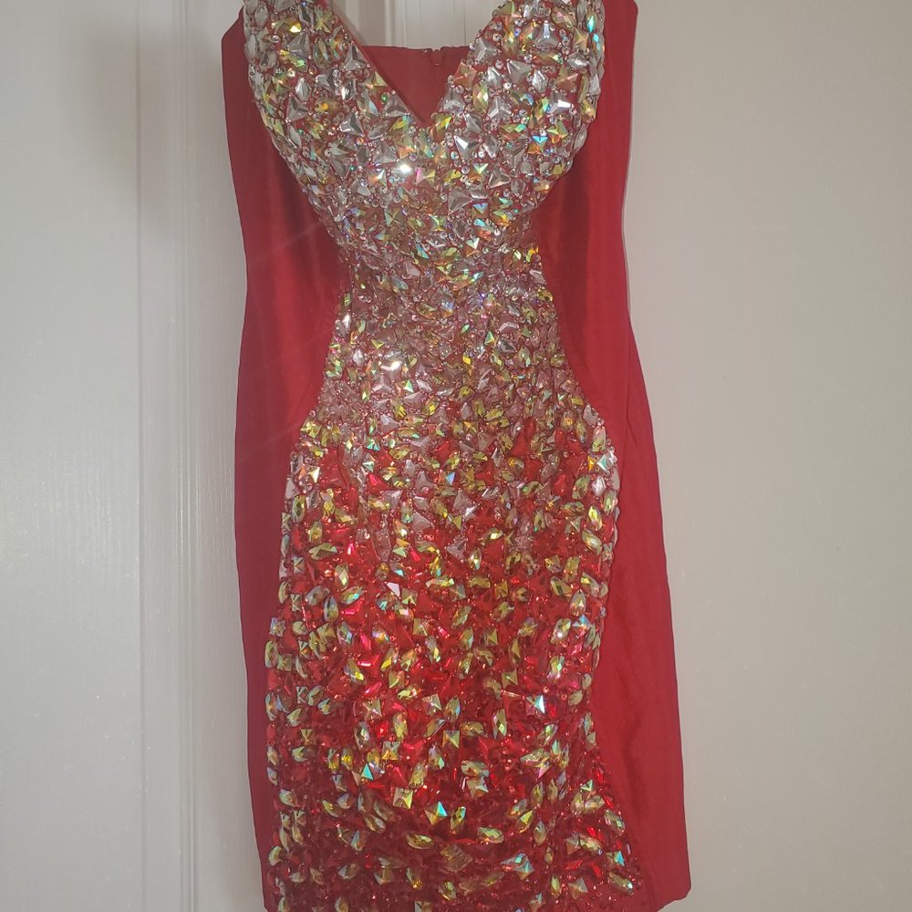Jovani Red Crystal Strapless Sweetheart Mini Dress | Short Prom Homecoming Dress - Image 3