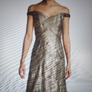 Rene Ruiz Gold Jacquard Off-Shoulder Gown Structured Full Skirt Formal Dress