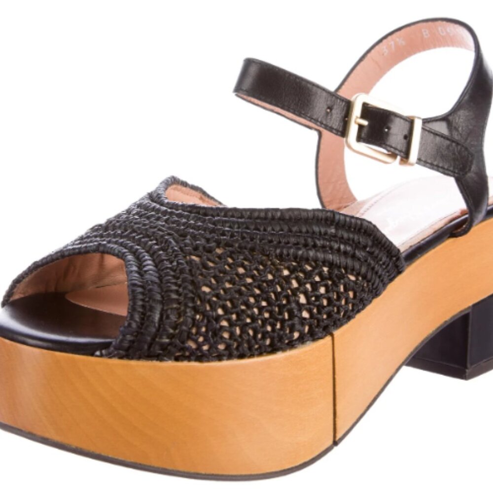 Robert Clergerie Black Raffia Leather Platform Sandals | Wooden Heel Ankle Strap - Image 4