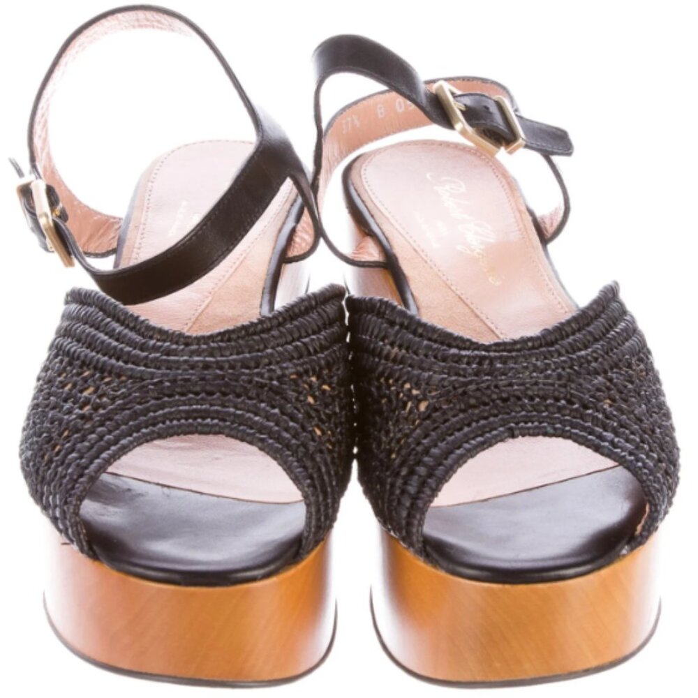 Robert Clergerie Black Raffia Leather Platform Sandals | Wooden Heel Ankle Strap