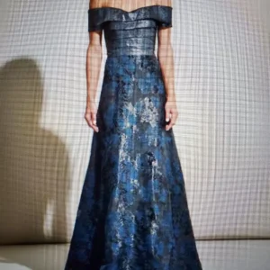 Rene Ruiz Navy Grey Off-Shoulder A-Line Evening Gown | Elegant Formal Dress