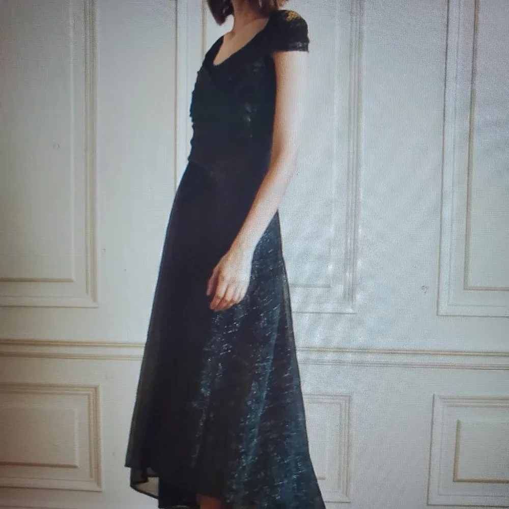 Talbots Draped Metallic Voile Midi Dress | Emerald & Gold Cap Sleeve Gown - Image 2