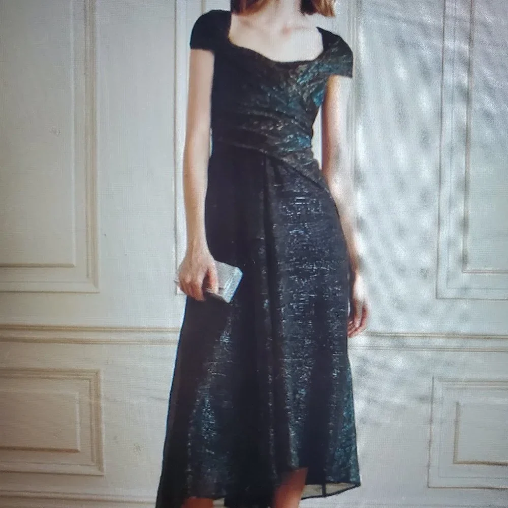 Talbots Draped Metallic Voile Midi Dress | Emerald & Gold Cap Sleeve Gown - Image 4