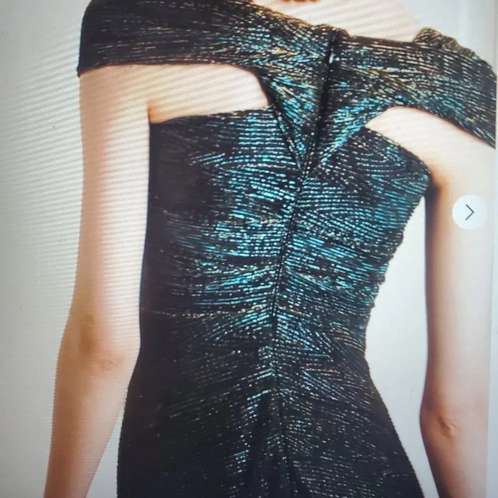 Talbots Draped Metallic Voile Midi Dress | Emerald & Gold Cap Sleeve Gown - Image 5