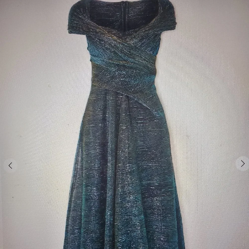 Talbots Draped Metallic Voile Midi Dress | Emerald & Gold Cap Sleeve Gown