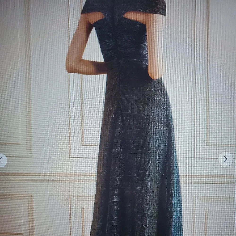 Talbots Draped Metallic Voile Midi Dress | Emerald & Gold Cap Sleeve Gown - Image 6