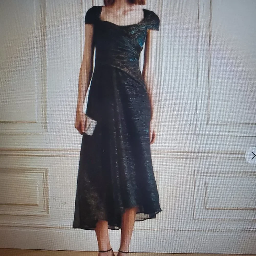 Talbots Draped Metallic Voile Midi Dress | Emerald & Gold Cap Sleeve Gown - Image 8