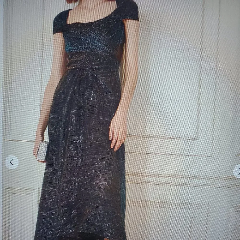 Talbots Draped Metallic Voile Midi Dress | Emerald & Gold Cap Sleeve Gown - Image 7