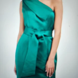 TERANI COUTURE One Shoulder Satin Cape Gown