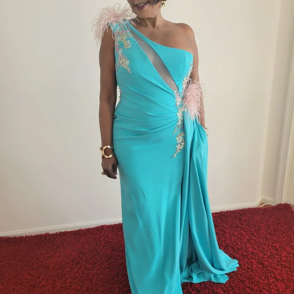 One Shoulder Gown with Sheer Embellished Cut Out - Image 2
