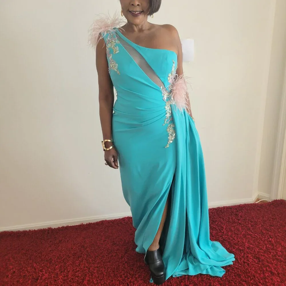 One Shoulder Gown with Sheer Embellished Cut Out