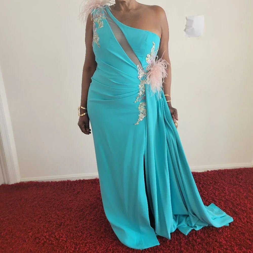 One Shoulder Gown with Sheer Embellished Cut Out - Image 3
